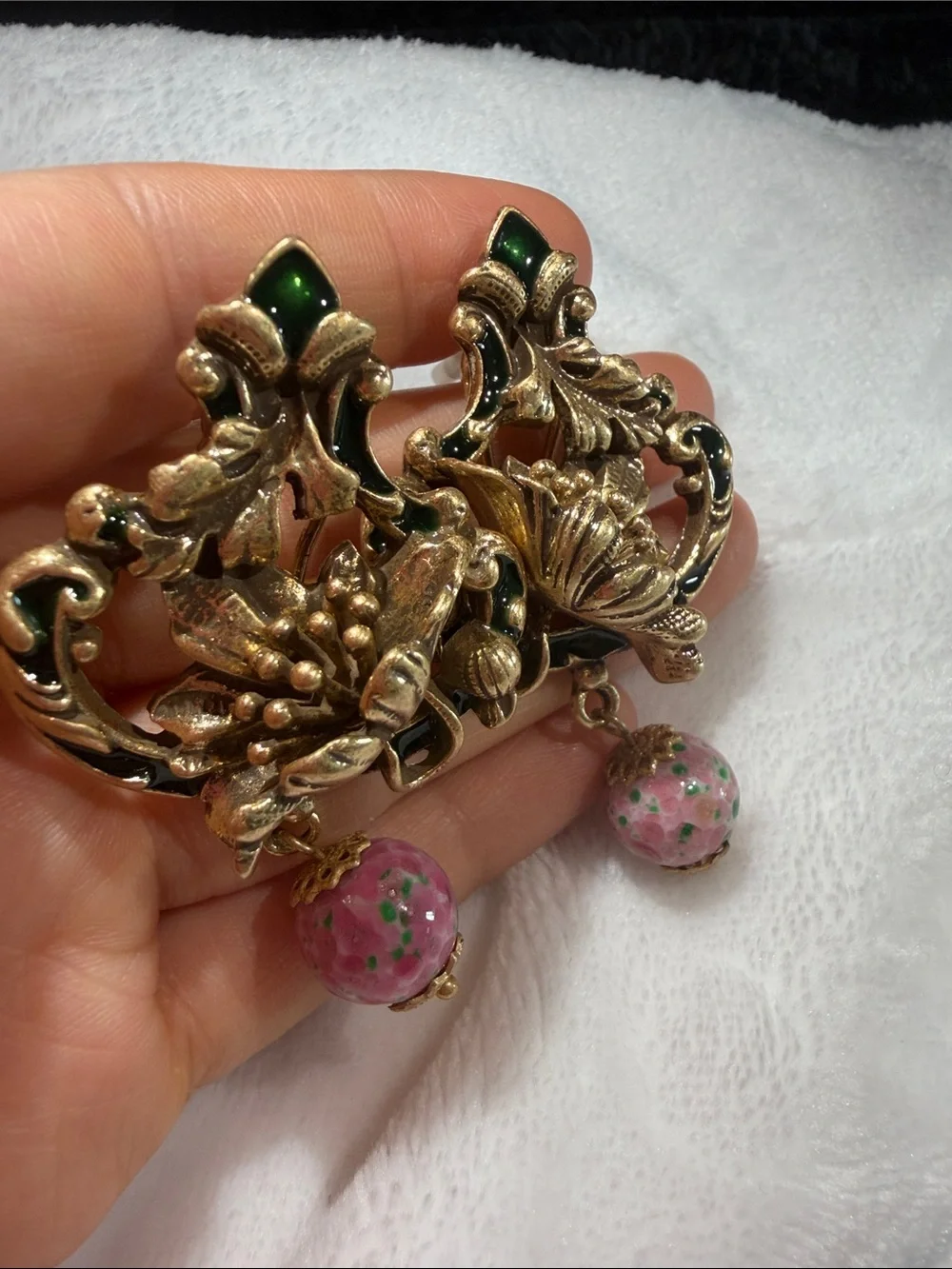 Kenneth Jay Lane Gold Floral Drop Earrings with Pink and Green Accents - Picture 2 of 6